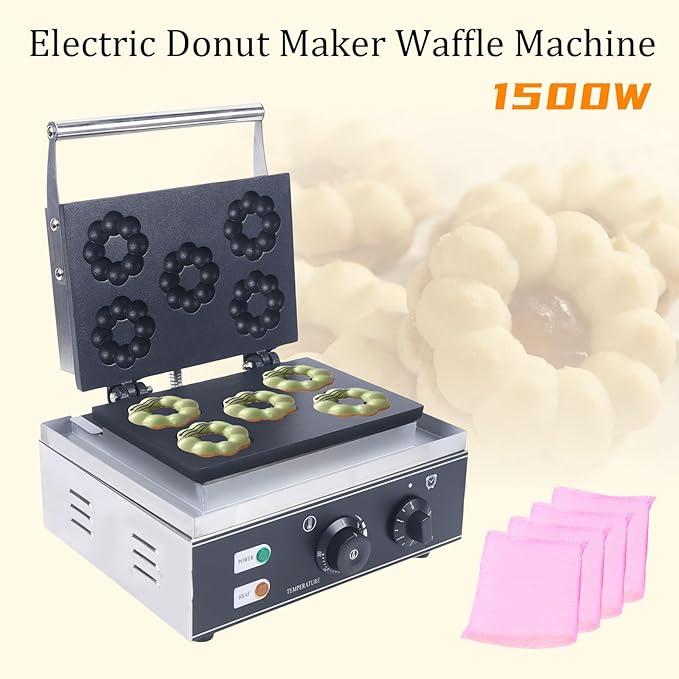 Donut Maker 1500W Donut Waffle Baking Machine Commercial Set 5 Dounts Maker Waffle Maker Non Stick Plates Detachable Dessert Toaster Perfect for Breakfast Dessert Shop