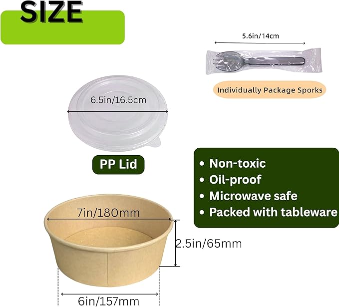 47 OZ Disposable Round Paper Bowls Extra Large 50 Sets, Meal Prep Food Container Box w Lids Sporks, Spill-Proof Salad Bowls To Go Microwave, Perfect for Large Size Food without Bending