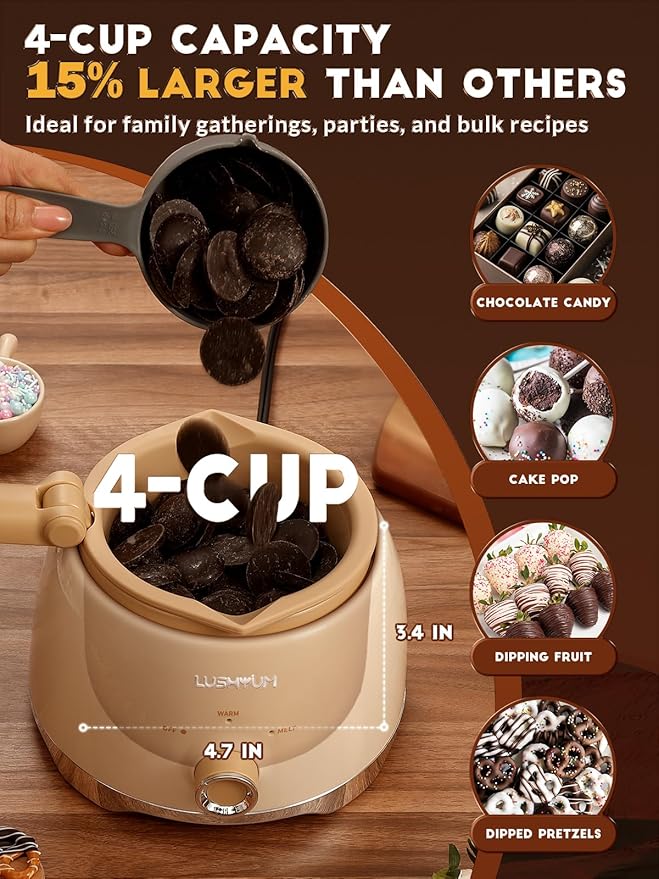 Chocolate Melting Pot Candy Melts Melter with 2 Insert Pots and Spatula, 4 Cups Capacity Warmer Machine, Ideal Dipping Tool Kitchen Supplies for Making Cake Pop Covered Strawberries Fondue