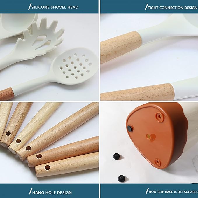 Black Silicone Kitchen Cooking Utensils Set, Heat Resistant Silicone Kitchen Gadgets Utensils Set with Wooden Handle,Silicone Spoons Spatula Whisk with Holder for Nonstick Cookware