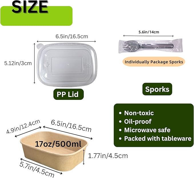 17oz Disposable Paper Bowl with Lid, Kraft Meal Prep Container Box [with 50 Sporks], To Go Square Paper Containers Oil-Proof, Compostable Salad Soup Bowls Perfect for Food Takeout