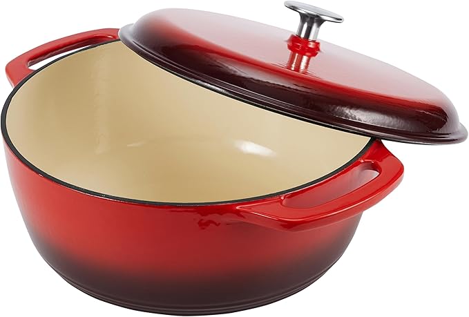 Amazon Basics Enameled Cast Iron Dutch Oven Pot with Lid, Round, Dual Handles, Heavy-Duty, Oven Safe for Stews, Roasting, Baking, 4.3-Quart, Red