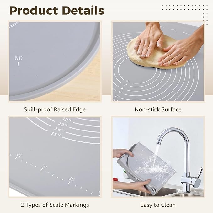 Non-Stick Silicone Pastry Mat 31.5×23.6, Large Kneading With Raised Edges, Heat-Resistant, Includes Full Baking Accessory Kit