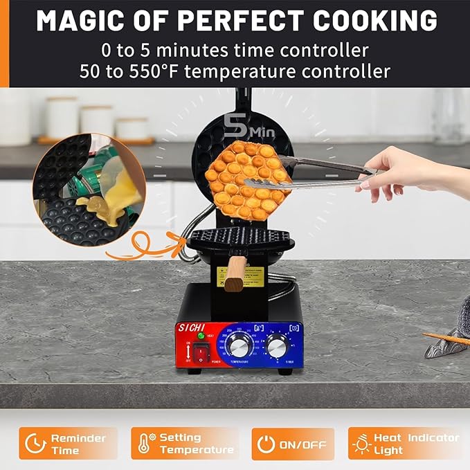 Bubble Waffle Maker - Commercial Egg Waffle Maker w/Non-stick, Temperature and Timers, 1400W Hong Kong Egg Waffle Iron w/Rotating Baking Pan, Stainless Steel Bubble Waffle Machine Restaurants