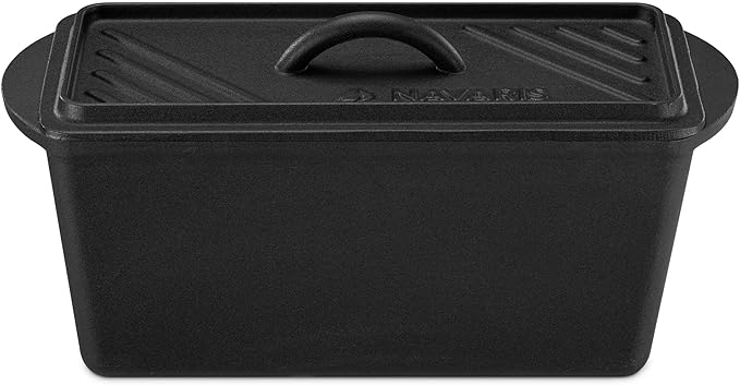 Navaris Long Bread Pan - Cast Iron Bread Loaf Pan with Lid for Homemade Sourdough Baking - 2 in 1 Cast Iron Loaf Pans - Covered Sour Dough Sandwich Baker - Dutch Oven Bakeware Set