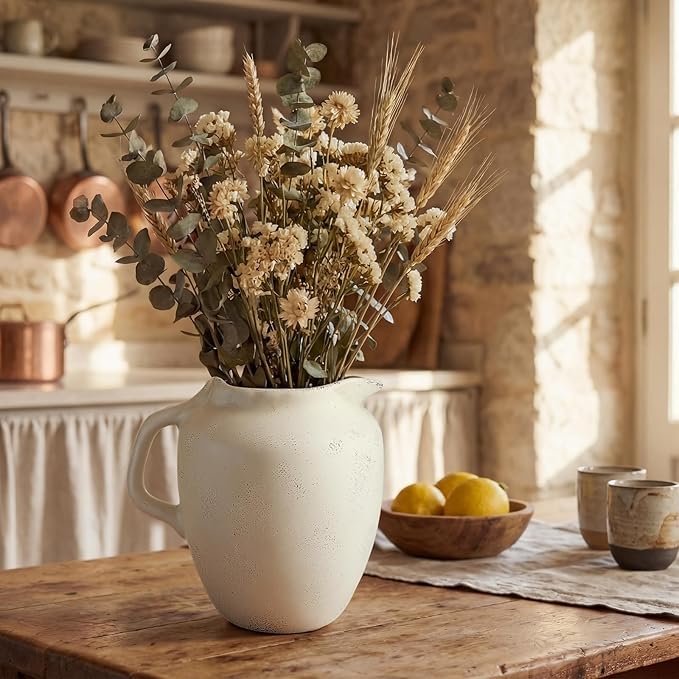 Rustic Kitchen Utensil Holder with Handle,7 Inch Ceramic Vintage Utensil Crock for Countertop, Farmhouse Kitchen Decoration Ceramic Pot for Spatulas Spoons Tongs(Novelty,Antique Cream)
