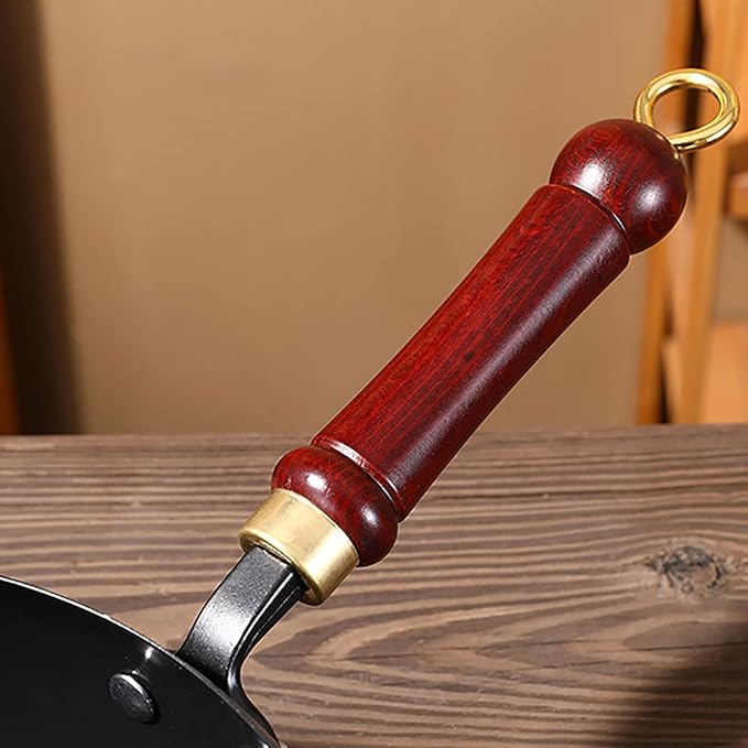 Cast Iron Skillet, Uncoating Cast Iron Pot, Japanese Hand-Forged Non-Stick Ironpan, Hand Forged Frying Pan with Lid and Wooden Handle, for Gas Stoves Induction Hobs (Wooden Lid)
