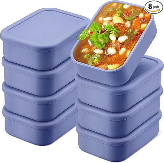 Nuogo 8 Pcs 2 Cup Silicone Freezer Trays with Lid Silicone Soup Freezer Molds Rectangle Soup Containers Reusable Food Preserving Tray Freezing Ice Trays for Soups Sauces Stews (Dusty Blue)