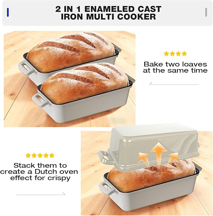 9x5 Enameled Cast Iron Loaf Pan with Lid – Bread Pan for Sourdough, Cake, Meatloaf, Even Heat, Nonstick, Easy to Clean, 2 Piece Set