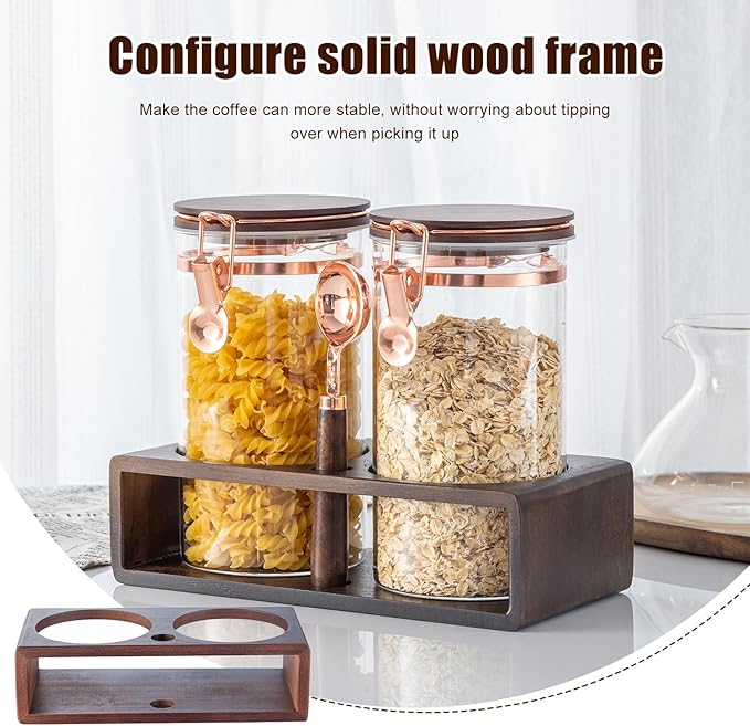 Glass Coffee Canister Set, 2-Piece Coffee Container for Bean Storage, Sealing, Coffee Bar Accessories, Shelf for Kitchen Organization (Acacia wood quality, 1)