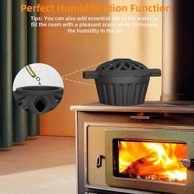 Cast Iron Wood Stove Steamer, Rust Resistant Fireplace Pot with Hollow Carved Lid, 1.32 Quart Capacity Wood Stove Humidifier, Matte Black Finish, Home Indoor Decorative