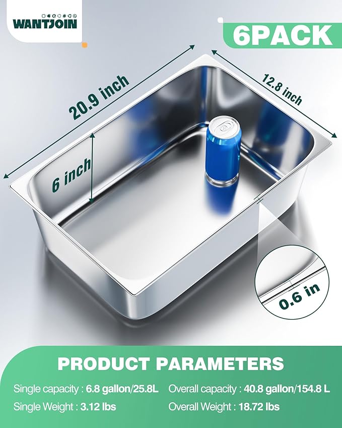 WantJoin Steam Table Hotel Pans 1/1 Full Size 6 Inch Deep 6 Pack, Stainless Steel Metal Tray Sets Food Storage Container for Restaurant Chafing Dishes Commercial Catering Supplies