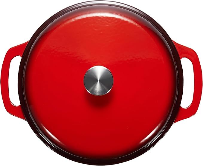Amazon Basics Enameled Cast Iron Dutch Oven Pot with Lid, Round, Dual Handles, Heavy-Duty, Oven Safe for Stews, Roasting, Baking, 4.3-Quart, Red