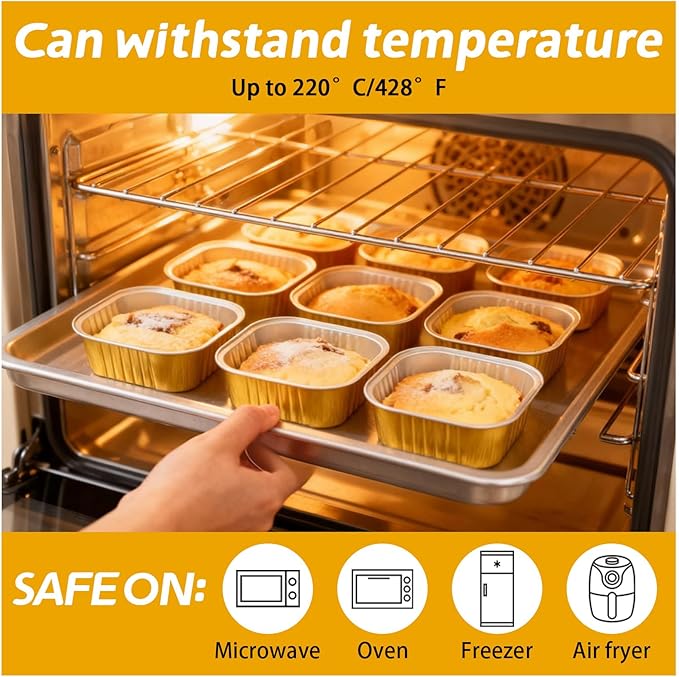 200 Pack 8 oz Gold Mini Aluminum Cake Pans with Lids and Spoons, Disposable Square Baking Cups, Oven Safe Foil Ramekins for Individual Desserts, Cupcakes, Cheesecakes Ramekins Muffin