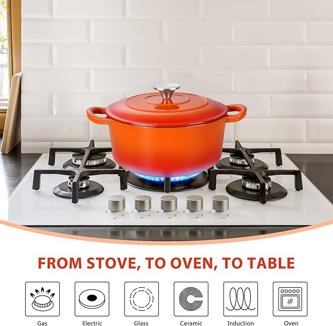 E-far 3 Qt Enameled Cast Iron Dutch Oven with Lid, Small Round Nonstick Dutch Oven Pot for Bread Baking Braising Stews Roasting Cooking, Heavy Duty, Induction & Oven Safe - Orange