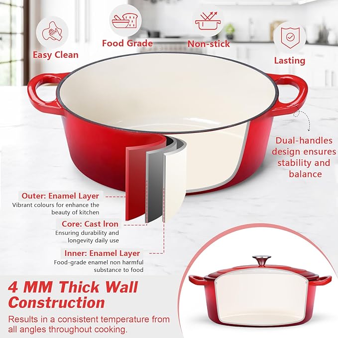 P&P CHEF Oval Dutch Oven with Lid, Enameled Cast Dutch Oven Pot for Bread Baking, Braising, Stewing, Roasting, Non-Stick & Oven Safe, Dual Handles & Easy Clean, 5QT & Red, Valentine's Day