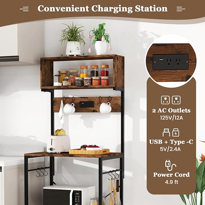 POWERSTONE 2 Kitchen Bakers Rack with Power Outlet, 5-Tier Coffee Bar Cabinet Microwave Stand with 10 S Hooks, Organizers and Storage for Kitchen, Living Room, Balcony & Office