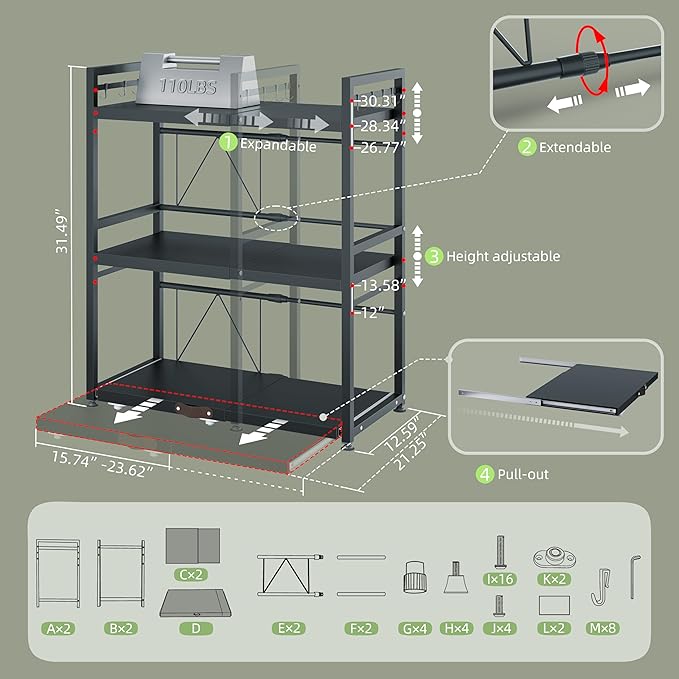 NETEL Expandable Microwave Stand,3 Tier Metal Kitchen Countertop Organizer Shelves with 8 Hooks,Bakers Rack,Pull-Out Microwave Shelf,110lbs Weight Capacity,Black