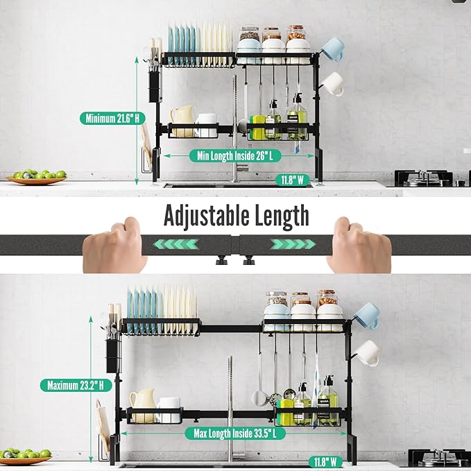 Over The Sink Dish Drying Rack Adjustable (Length and Height) Large Dish Rack, 2-Tier 4 Baskets Stainless Steel Dish Drainers for Kitchen Counter, 26-33.5L x 11.8W x 21.6-23.2H Inches