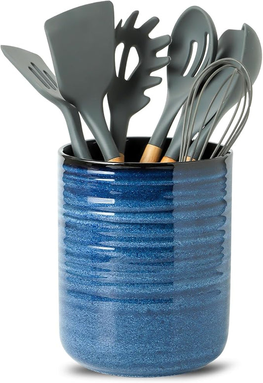 HASENSE Kitchen Utensil Holder, 7.4" x 6.2" Ceramic Utensil Holder for Countertop, Stable Cooking Utensil Organizer Crock for Spatula, Modern Kitchen Decor, Blue