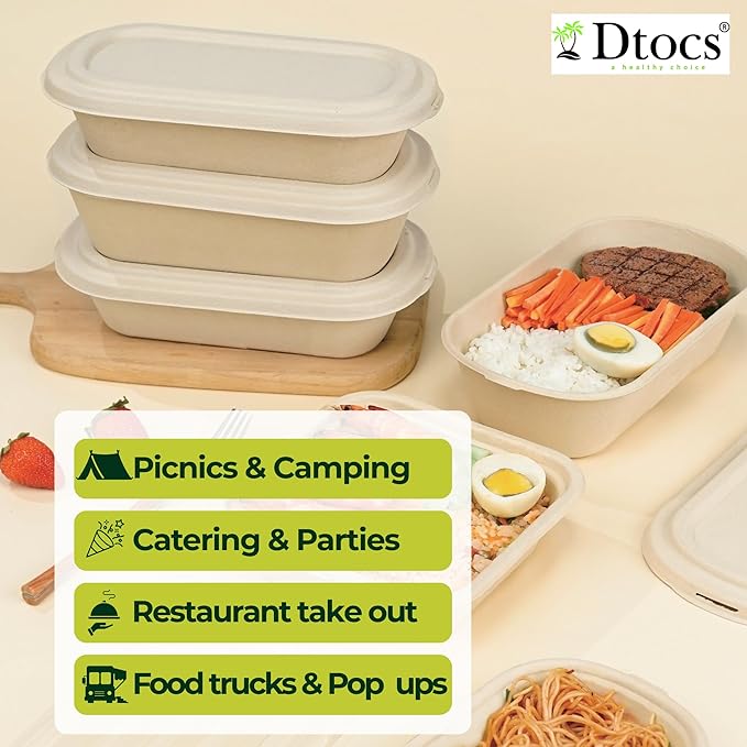 Dtocs Premium Disposable Meal Prep Containers with Lids (Pack of 50), 500 mL (17oz) | Heavy Duty Bamboo Fiber To Go Food Containers – Leak Resistant, Microwave & Freezer Safe