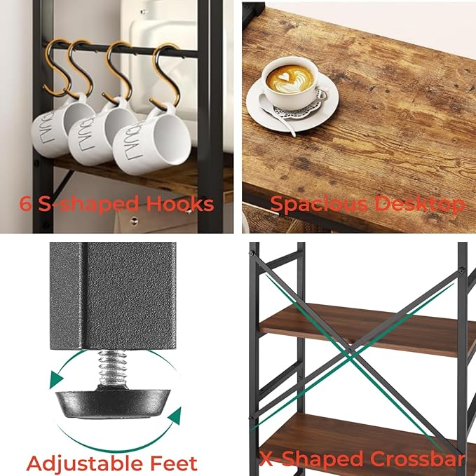 Luckyeestar Kitchen Baker’sRack Coffee Bar - Metal Storage Shelf for Microwave, Spice Organizer, Freestanding Kitchen Cart with Hooks,25 inch with Power Outlet