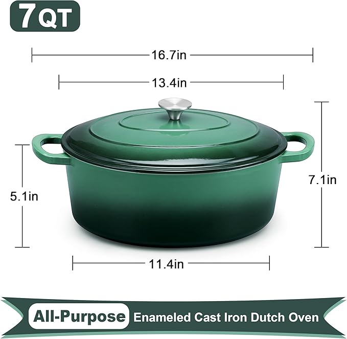 E-far 7QT Oval Dutch Oven Pot with Lid, Enameled Cast Iron Dutch Oven with Dual Handles, Heavy-Duty Cookware for Sourdough Bread Baking, Braising, Stews, Oven Safe & Easy Clean, Dark Green