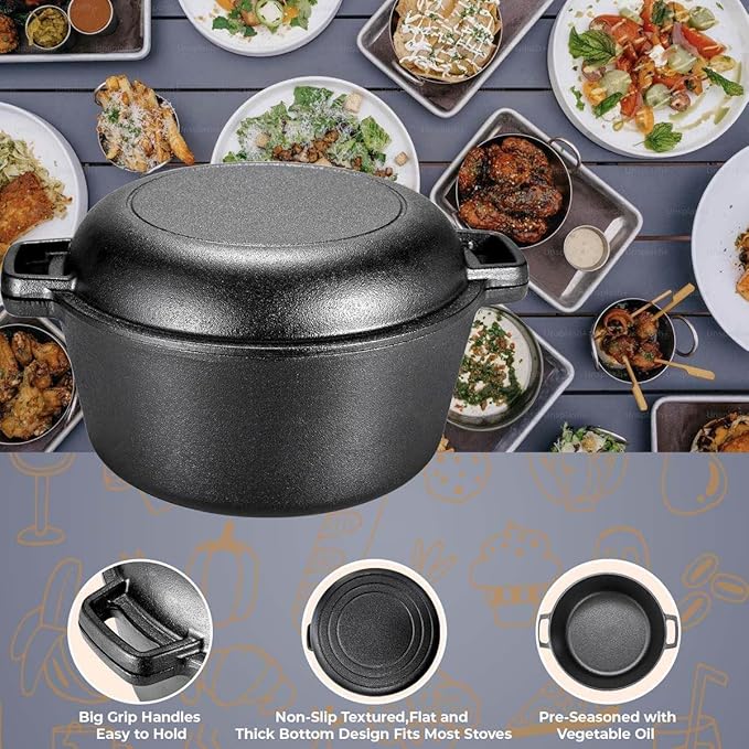 TLGREEN Cast Iron Dutch Oven Pot with Lid, Pot (5.1QT) and Lid as a Skillet(1.9QT) - Dutch Oven Cast Iron with Silicone Holders, Iron Stand, for Oven, Stove, Grill，Campfire