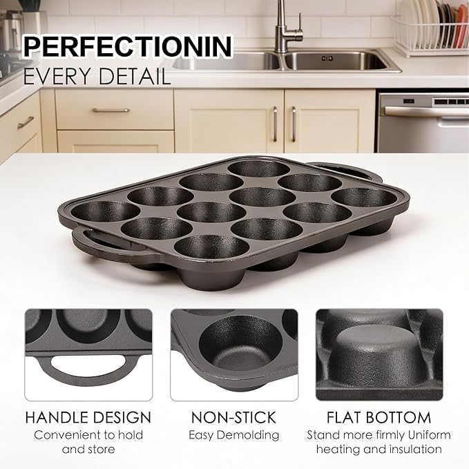 2pack Cast Iron Muffin Pans for Baking 12 Cup Regular Size Cupcake Pan with Handle Pre-Seasoned Muffin Pans Molds