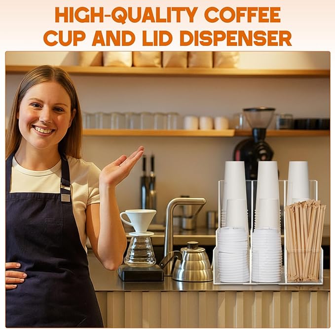 Acrylic Vertical Coffee Cup and Lid Dispenser, Coffee Condiment Organizer, 9 Compartment for Disposable Paper & Plastic Cup, for Cabinet Station Home Countertop Bar 13''l x 13''w x 12''h