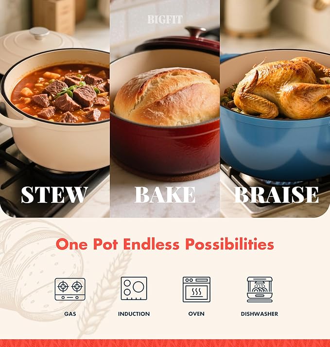 Cast Iron Dutch Oven for Bread Baking, With Banneton Bread Proofing Basket & Sourdough Baking Supplies, 5QT Multi-Functional Enameled Dutch Oven Pot with Lid, Cast Iron Bread Pan, Red