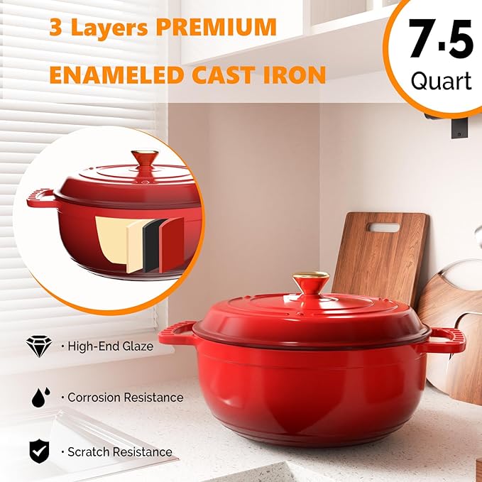 ROVSUN Enameled Cast Iron Round Dutch Oven, 7.5QT Pot with Lid &Dual Handles with Silicone Gloves,Oven Safe up to 500°F, Heavy-Duty Pre-Seasoned Cookware for Bread Baking, Braising, Stews, Roasting,Red