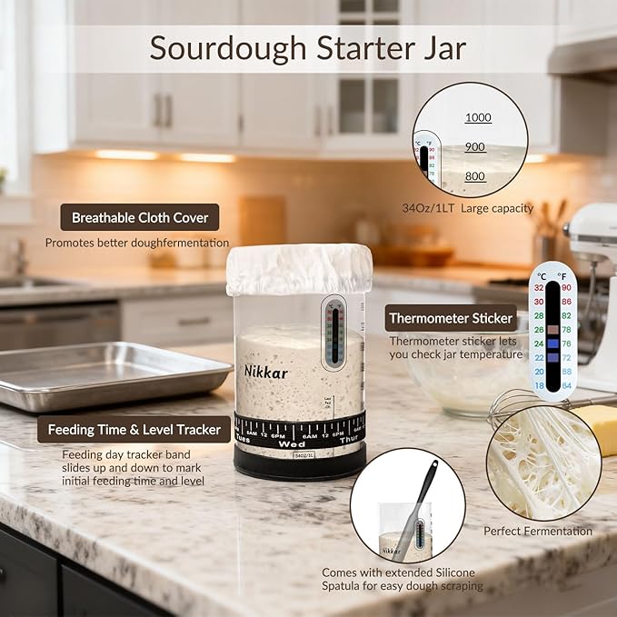 Complete Sourdough Starter Kit with Bamboo Storage Rack Bread Baskets, 12 Set Sourdough Bread Baking Supplies with Glass Sourdough Starter Jar for Bread Making Baking Fermentation