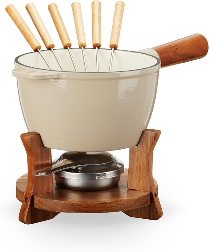 Twine Farmhouse Kitchen Enamel Cast Iron Set Cheese Melting Fondue Pot Metal Stainless Steel Forks and Wood Stand, Beige Set of 1