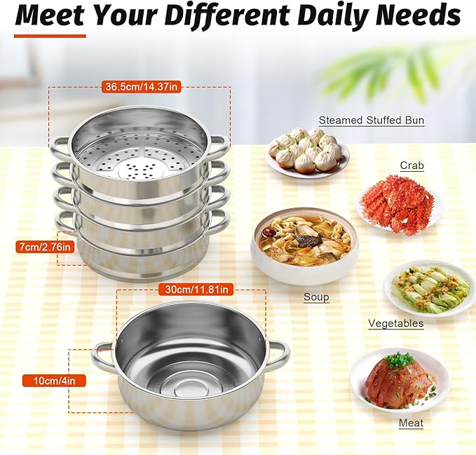 5-Layer Stainless Steel Steamer, 30CM Commercial Food-Grade Steamer Cookware Steaming Pot Tool w/Glass Lid Foods Steamers for Induction Cookers, Electric Ceramic Stoves, Gas Stoves (Silver, 30CM)
