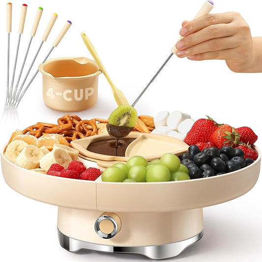 Chocolate Fondue Pot Set Electric Melting Machine, 4-Cup Capacity 4 Trays 5 Forks 1 Spatula Cheese Warmer, Ideal Gift for Couple Family & Date Night Idea House Warming Holidays Essentials