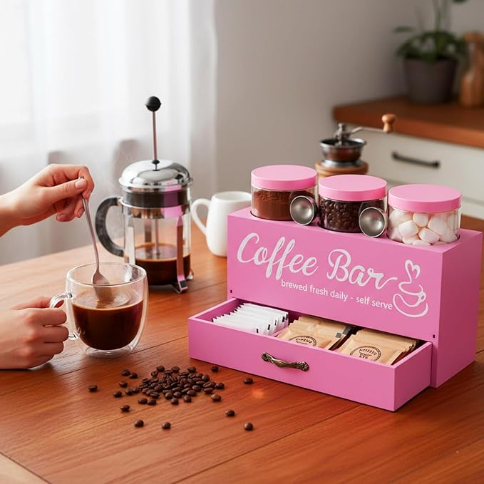 3 Pcs Coffee Bar Containers Set Include Coffee Sugar Container with Lid and Spoon and Double Layer Storage Box with Drawer for Bar Kitchen Countertop (Pink)