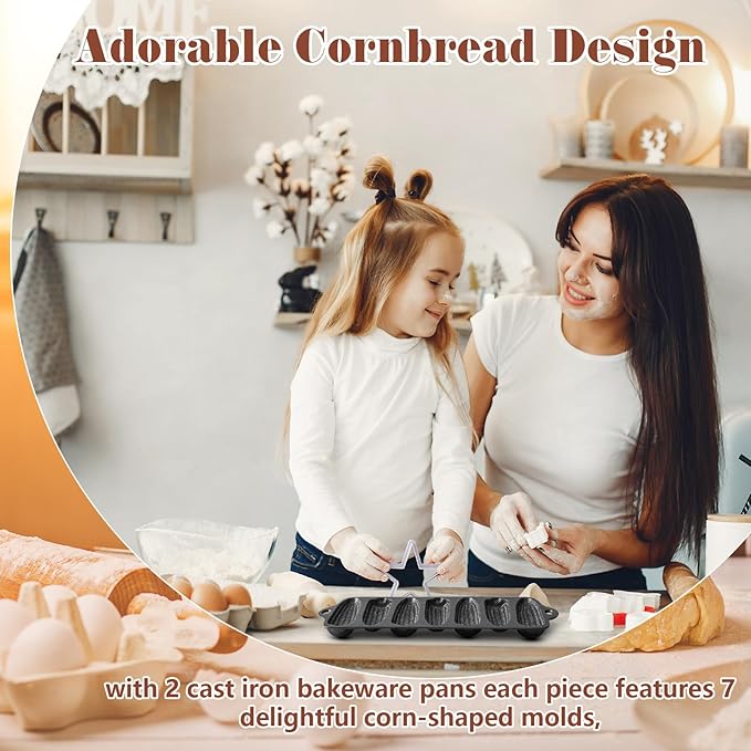 2 Pcs Cast Iron Corn stick Pan Corn Bread Molds with 7 Corncob Sticks Cornbread Loaf Cakes Corndog Baking Compatible with Oven, Stovetop, Grill, and Campfires