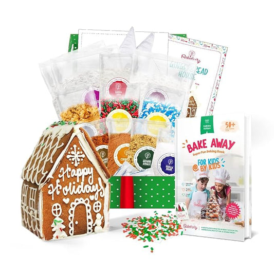Baketivity Holiday Gingerbread House Kit And Kids Cookbook - Bake And Build Edible Gingerbread House - Kids Baking Set With Materials And Premeasured Ingredients
