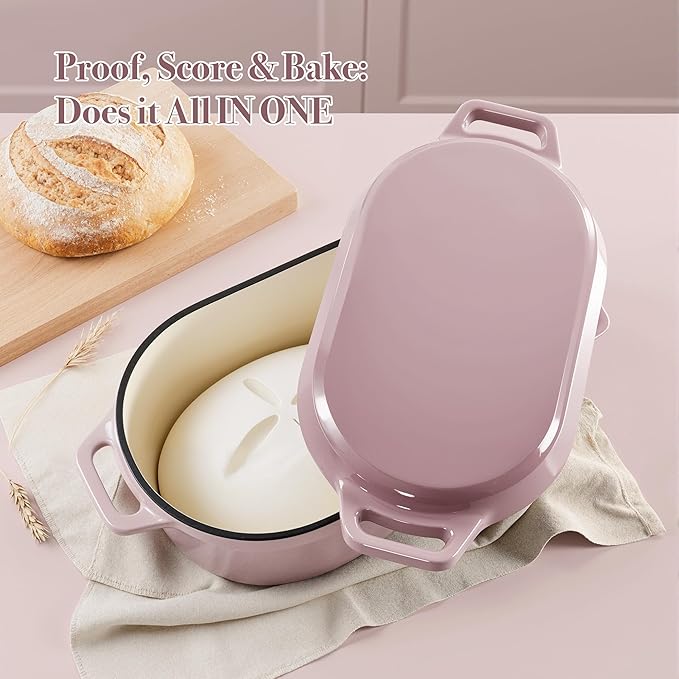 Dutch Oven for Bread Baking, 3.4 QT Bread Dutch Oven for Sourdough, Enamelled Cast Iron Bread Oven with Lids, Heavy-Duty Non Stick Sourdough Loaf Pan, Meatloaf Pan, Pink