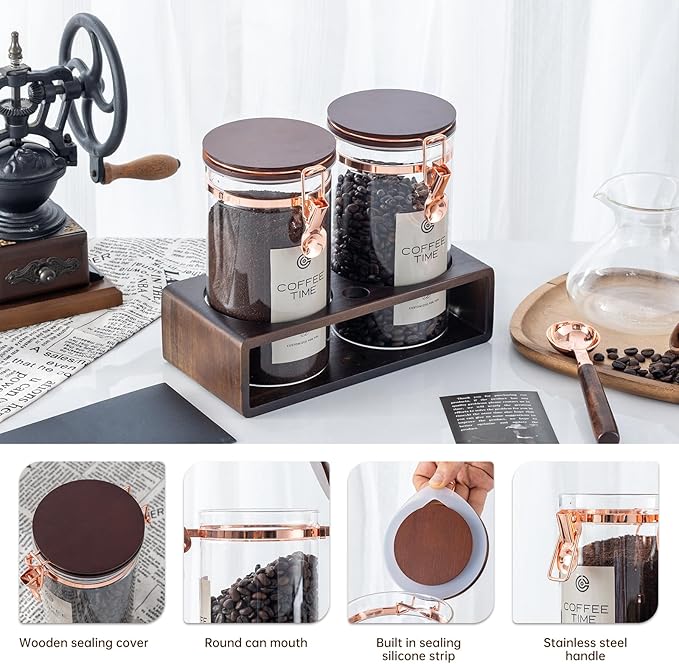 Glass Coffee Canister Set, 2-Piece Coffee Container for Bean Storage, Sealing, Coffee Bar Accessories, Shelf for Kitchen Organization (Acacia wood quality, 1)