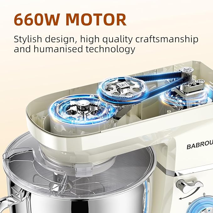 Dough Mixer 8.45 QT Electric Mixer - 660W 6 Speed Large Capacity Kitchen Stand Mixer with Whisk Dough Hook Mixing Beater Household Food Mixer for Baking Cakes Cookie Bread Salad(White)