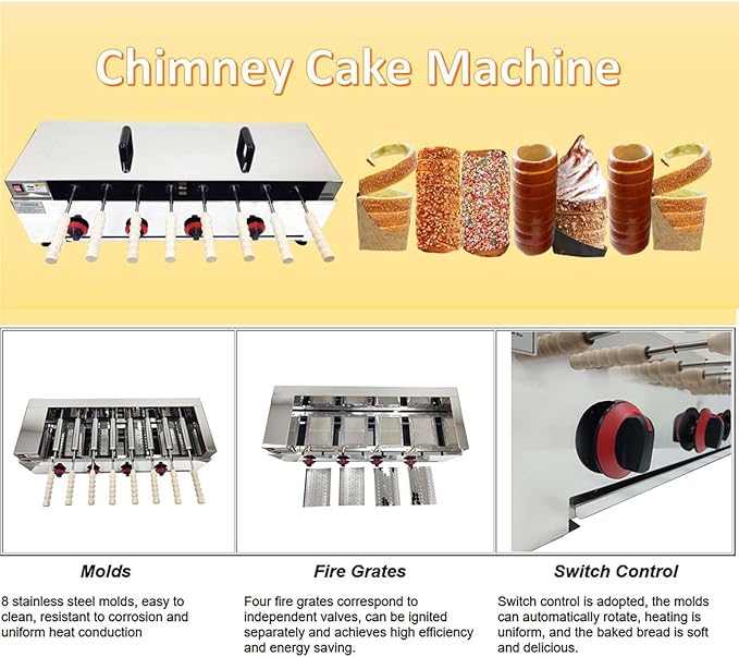 220V LP Gas Chimney Cake Baking Machine Stainless Dtee Commercial 8 pcs Molds Roller Ice Cream Cone Oven Chimney Bread Roll Maker For Restaurant Home 50W