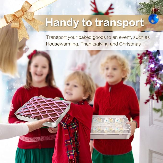 E-far Baking Pan with Lid(12.4/10.4/9.4 inch), Stainless Steel Rectangular Sheet Cake Pans with Cover, Metal Bakeware Sets for Lasagna Casseroles Brownie, Non-toxic & Dishwasher Safe - 3 Pans + 3 Lids
