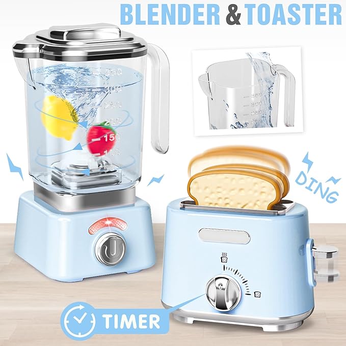 Kids Kitchen Toys Set, BPA-Free 7 Piece Pretend Play Appliances with Light Sound, Coffee Maker Blender Stand Mixer Toaster for Toddlers Ages 3 Plus, Educational Role Play Gift (Blue)