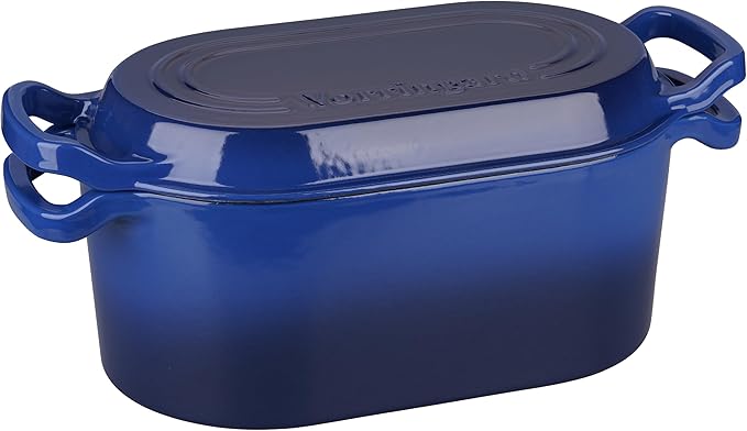 Oval Dutch Oven Pot with Lid, Enamel Coating Cast Iron Bread Pans for Homemade Sourdough Bread Baking, Cooking, 4 Quart, Blue