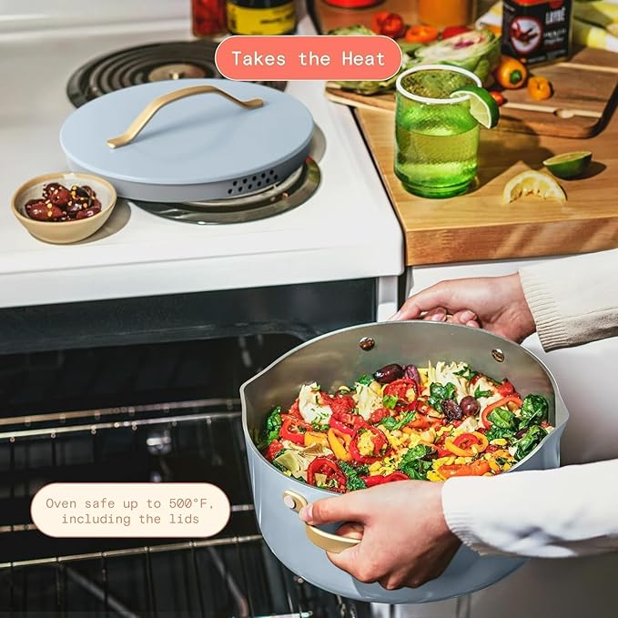 Pans12pc Ceramic Non-Stick Cookware Set by Drew Barrymore, Pots & Pans with Lids, Dishwasher‑Safe,Soft‑Touch Handles, Even‑Heat Base. (Cornflower Blue)