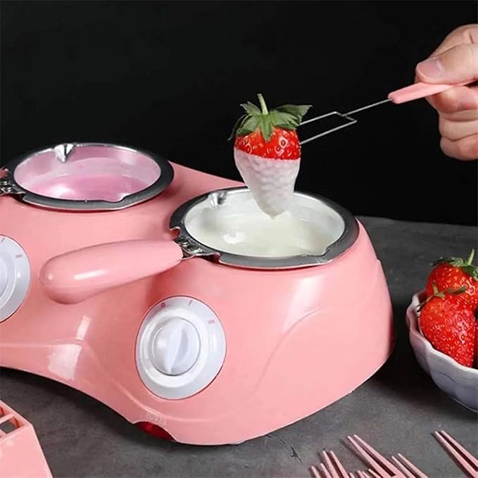 Chocolate Melting Pot with Dual Bowls, 2-Speed Temperature Fondue Maker, Chocolate Melter DIY Moulds for Cheese, Butter, 8.45oz Fondue Warmer Machine for Candy, Desserts, Home Parties Baking (Pink)
