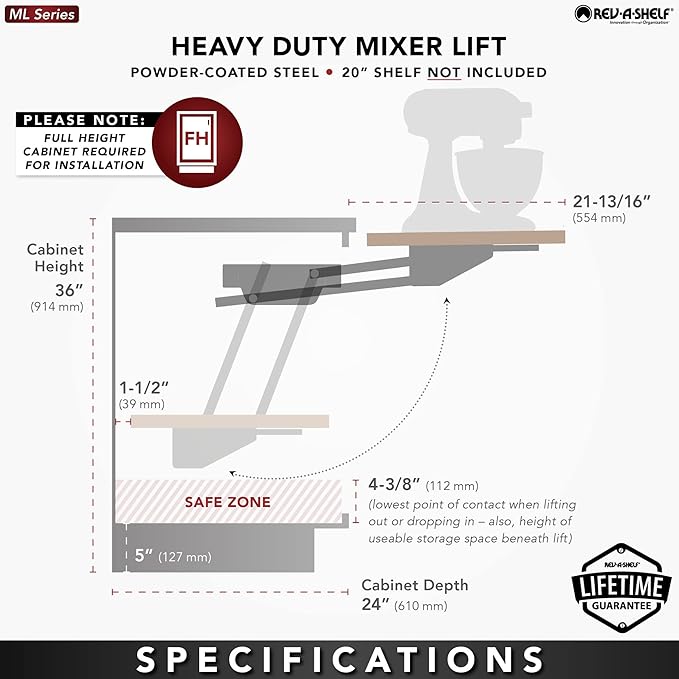 Rev-A-Shelf Heavy-Duty Stand Mixer Lift for Kitchen Base Cabinets, Zinc - Spring-Loaded Lifting System for Small Countertop Appliance Storage, RAS-ML-HDCR