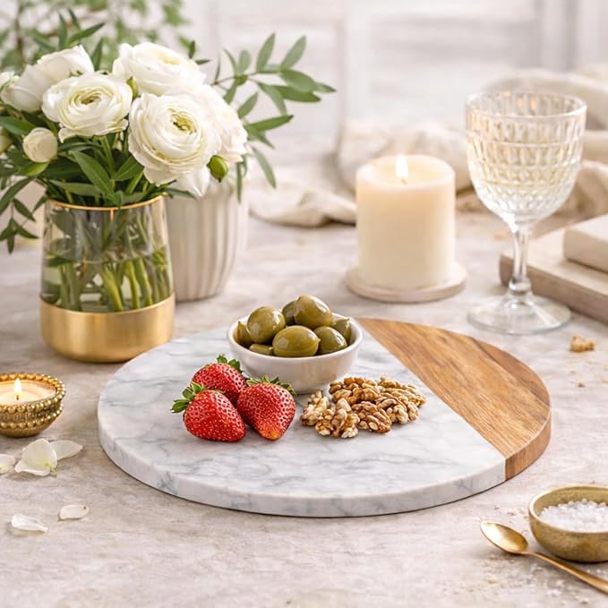 White Marble Board - Cheese Board | Acacia Wooden Serving Tray For Charcuterie, Cheese, Meats, Fruit, Crackers | Cutting Board, Serving Tray, Round Slab 10 Inches.